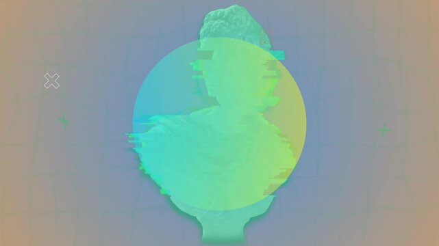 Bust glitching through scan lines and drifting in peach-lavender gradient, pulsing circle overlay