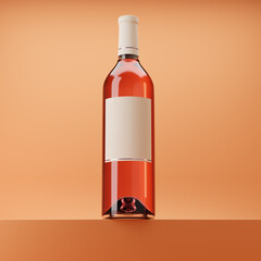 Bottle of rose wine with blank label standing on a podium isolated over orange background. Mockup template. 3d rendering.