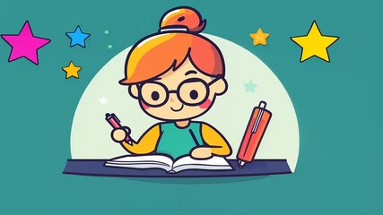 Young girl studying at a desk, writing in a notebook, surrounded by colorful stars and a creative atmosphere