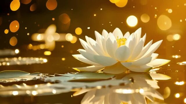 luminous white lotus floating serenely in goldenhued pond mystical ambiance.