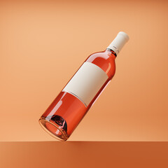 Bottle of rose wine with blank label standing on a podium isolated over orange background. Mockup template. 3d rendering.