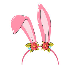 Cute bunny ears. Headband with pink Easter rabbit ears and flowers. Easter mask. Hair hoop Cartoon. Attribute of costume. Vector illustration isolated