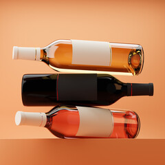 Bottles of rose, red and white wine with blank label standing on a podium isolated over orange background. Mockup template. 3d rendering.