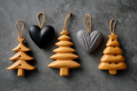 Five Christmas ornaments two wooden trees a black heart a grey heart on a textured grey background