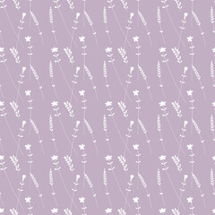 Hand-drawn white twigs and flowers on pink background. Seamless pattern for templates, wallpaper, fabric. 