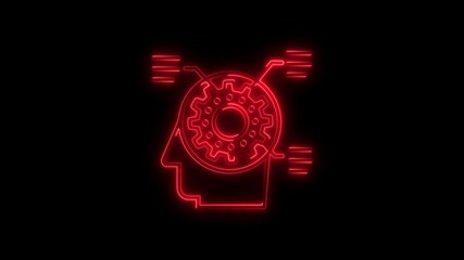 Animated red neon brain and gear concept on a black background for technology - Powered by Adobe