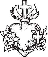 Obraz premium sacred heart, flaming heart, divine love, sacrifice, crown, thorns, black and white, line art, vintage, religious, tattoo design, Christian, faith, spiritual, holy, ornate, detailed, sketch, drawing, 