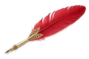 Red Feather Quill Pen Gold Ornate Nib Centered White Background Elegant Classic
