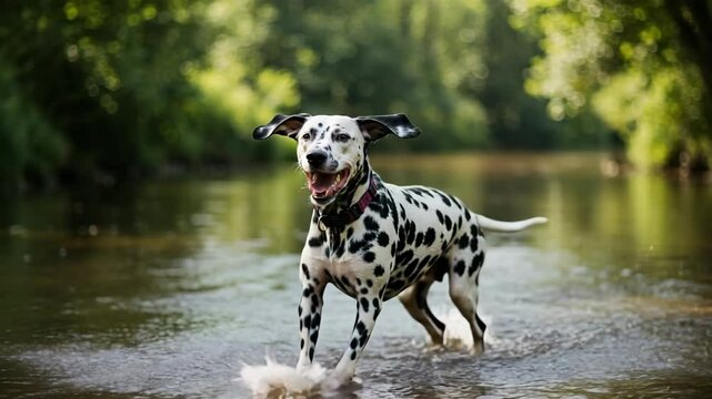 A happy dalmatian dog running through a river, water is splashing