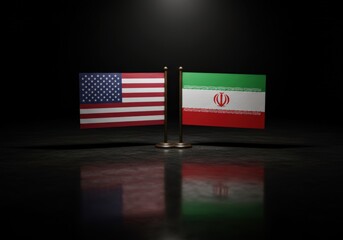 Two national flags of the United States and Iran stand together, representing diplomacy and international relations.