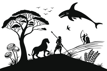 An African warrior holds a spear near horse as shark swims near archer