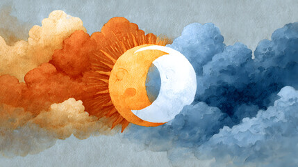 Sun and Moon Harmony: Watercolor sun and moon with soft clouds in day and night contrast.
