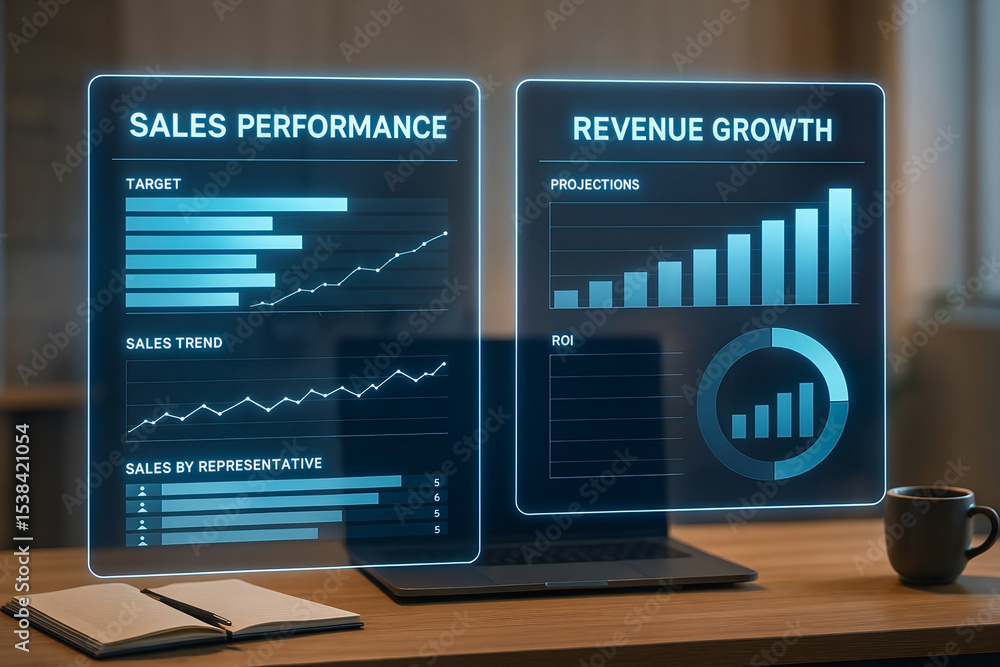 Poster futuristic digital display showing sales performance revenue growth and business analytics data visu