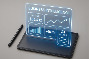 Futuristic business intelligence interface displayed on a tablet ai insight and financial data visualization