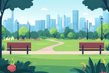 Modern city park featuring jogging paths and benches promotes outdoor activity and relaxation in an urban setting with cityscape views