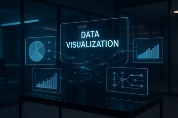 Futuristic data visualization concept with graphs and charts displayed on a transparent screen representing business analytics and information