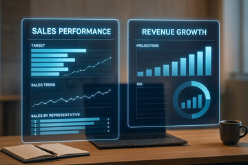 Futuristic digital display showing sales performance revenue growth and business analytics data visualization on modern workplace desk