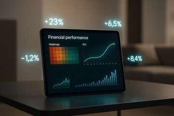 Tablet displaying financial performance metrics with glowing percentage indicators roi analysis and heatmap visualization on a dark table in a modern interior setting