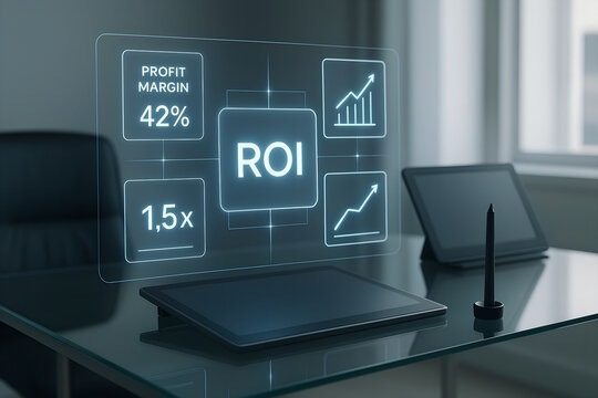 A modern office setting showcasing digital roi analysis with profit margin and growth indicators on a tablet interface