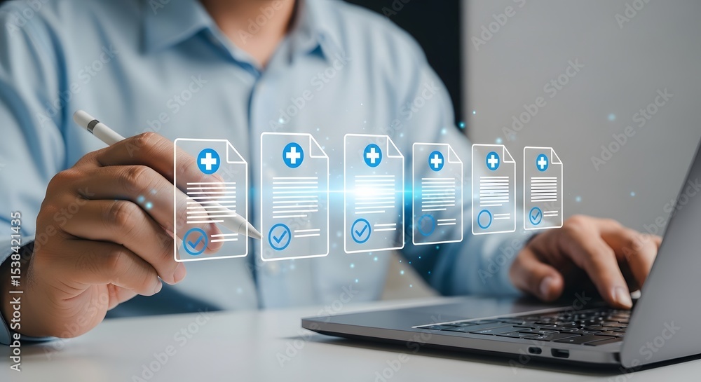 Aufkleber digital healthcare management professional using a laptop to review medical records and patient data