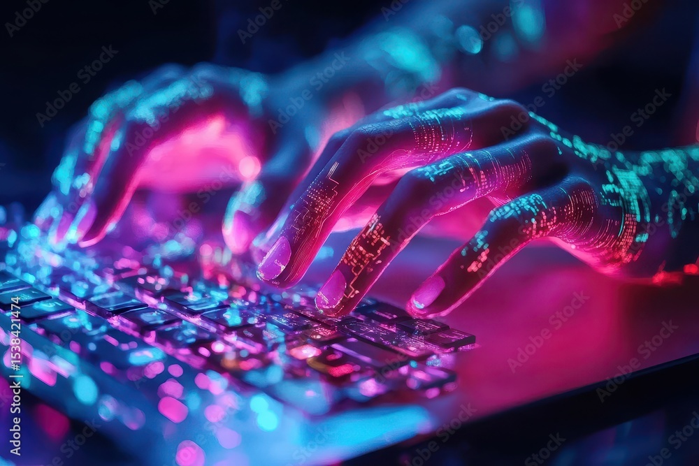 Poster illuminated hands engage in typing on a smartphone amid a colorful display of light effects during n