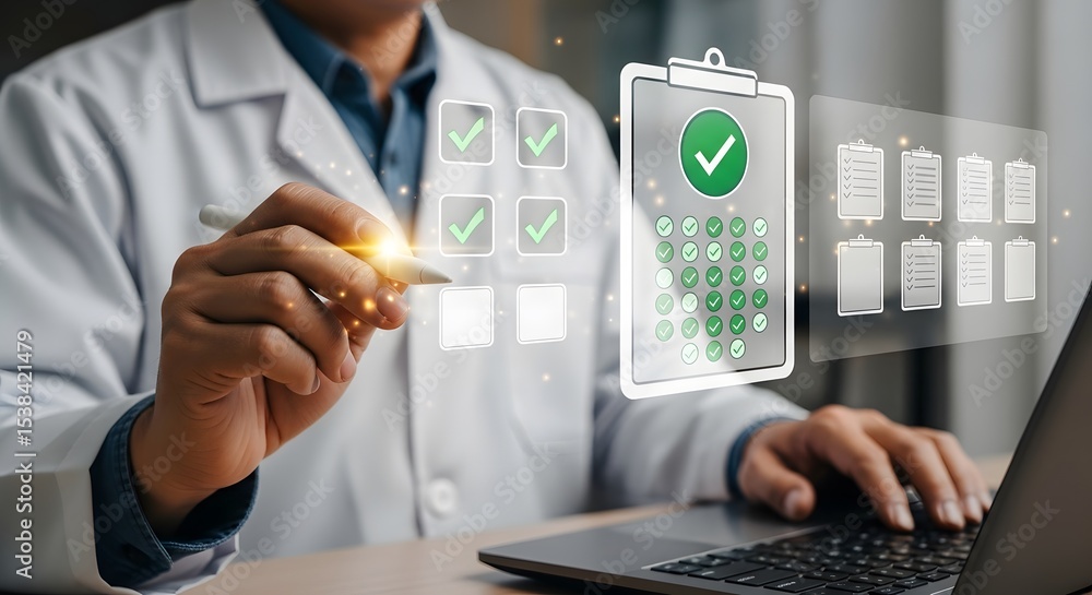 Aufkleber doctor using digital stylus checks tasks on a virtual checklist displayed on laptop screen healthcar
