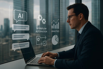 Businessman utilizing ai and automation tools for business data analysis and workflow optimization on a laptop in a modern office