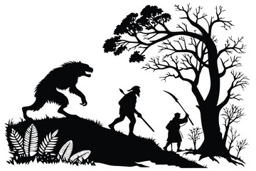Silhouette shows a scary beast encountering medieval men with spears in a forest