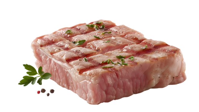 Fresh raw pork steak with grill marks, seasoned with herbs and black pepper, garnished with parsley, isolated on white, gourmet meat photography