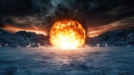 Meteor crashing into a frozen tundra, ice shattering, massive explosion lighting up the cold landscape