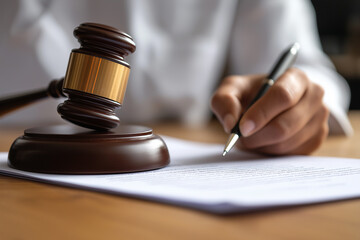 Lawyer signing contract with judge gavel on table, legal adviser and justice concept 