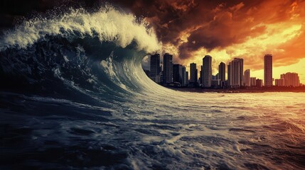 Tsunami wave crashing into a coastal city, skyscrapers overwhelmed by massive water currents, chaotic devastation