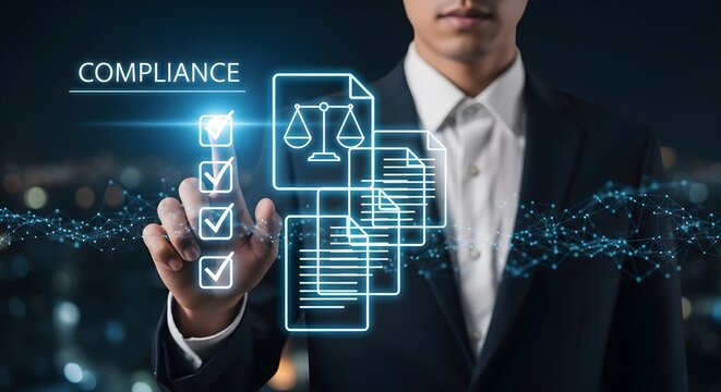 Businessperson interacts with digital compliance checklist interface showcasing legal documents and regulations for secure data management. - Powered by Adobe