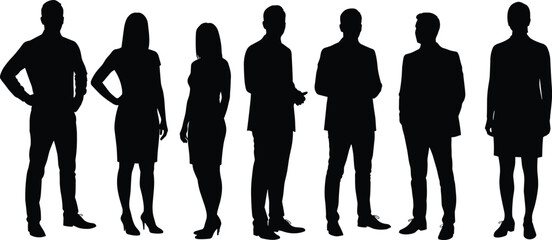 Business people silhouette, team standing pose, formal clothing, office professionals, corporate communication, vector illustration, group talk, workplace character design