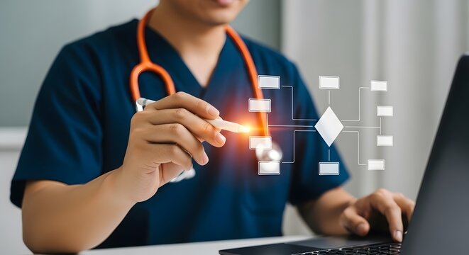 Doctor using digital technology workflow chart for healthcare planning and medical analysis