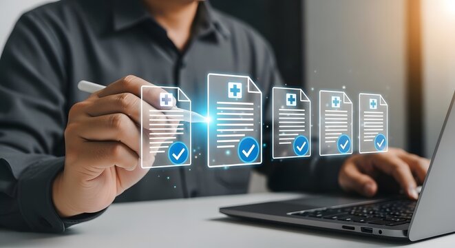 Digital Healthcare Management Modern Doctor Uses Laptop and Stylus to Manage Electronic Health Records Efficiently