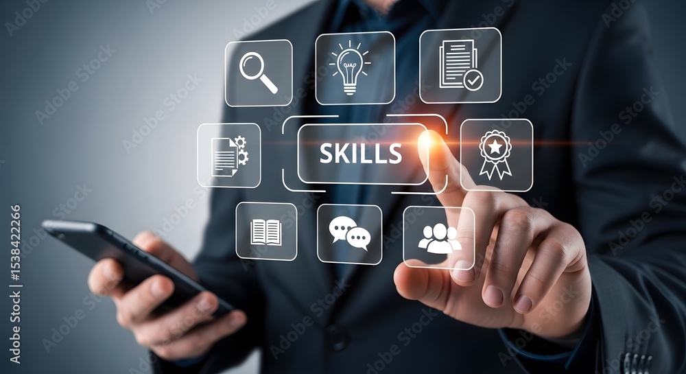 Poster businessman selects skills development on digital interface modern technology improves professional 