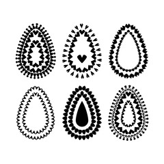 Set of 6 black decorative egg shapes with geometric patterns isolated on white background. Ethnic collection of Easter design elements.