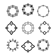Big set of 9 black round frames decorated with rhombs isolated on white background. Collection of graphic design elements.