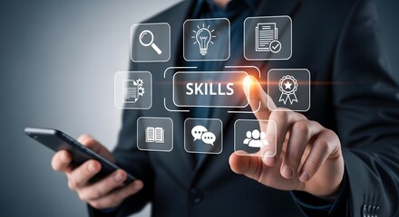 Businessman selects skills development on digital interface  Modern technology improves professional growth and career advancement.
