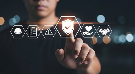 Secure Business Future A Person Interacts with a Digital Shield Representing Safety Trust and Risk Management