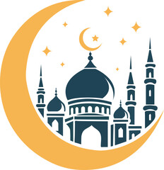 Crescent Moon with Mosque and Stars Vector