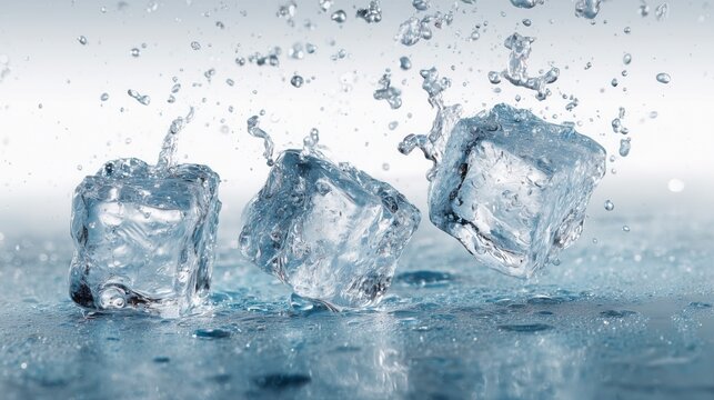 Cubitos de hielo caen sobre agua, cubitos de hielo en el aire,