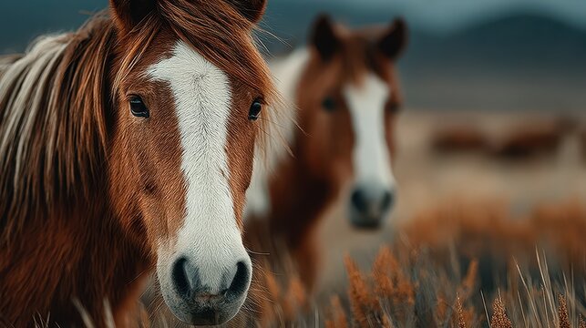 Majestic horses grazing in the open fields during golden hour in a tranquil landscape