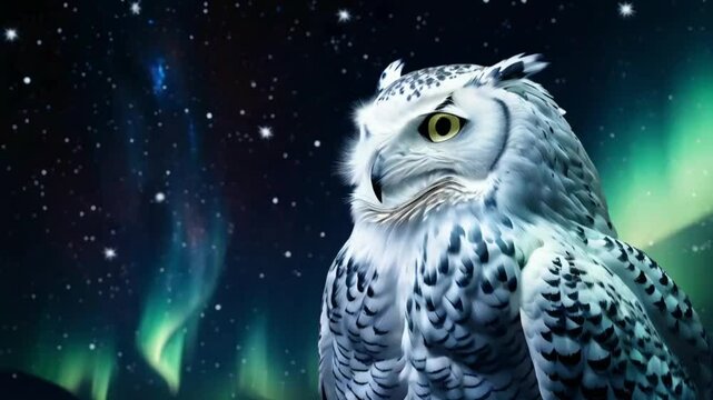 Magical Snowy Owl with Aurora Borealis and Starry Night Sky in Double Exposure, Black Background, Beautiful 4K Wallpaper.