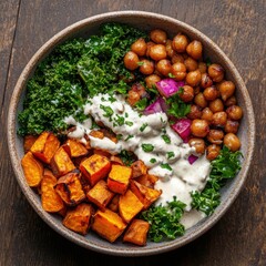 A plant-based buddha bowl with roasted chickpeas, sweet potatoes, kale, and tahini dressing, vibrant and colorful