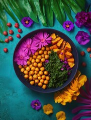 A plant-based buddha bowl with roasted chickpeas, sweet potatoes, kale, and tahini dressing, vibrant and colorful