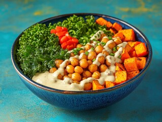 A plant-based buddha bowl with roasted chickpeas, sweet potatoes, kale, and tahini dressing, vibrant and colorful