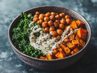 A plant-based buddha bowl with roasted chickpeas, sweet potatoes, kale, and tahini dressing, vibrant and colorful