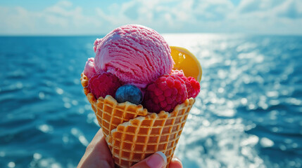 Waffle cone with pink ice cream, raspberries, blueberry, and lemon slice held in hand against bright blue ocean backdrop. Refreshing summer dessert. Seaside treat.